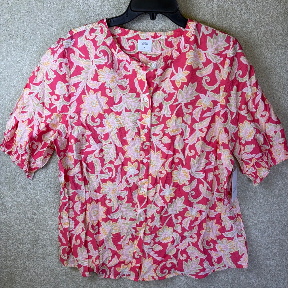 Croft & Barrow Floral Button Down Shirt Womens Large Pink Short Sleeve Tropical
